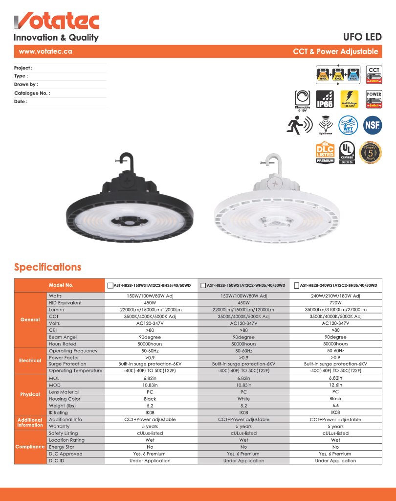 UFO LED High Bay 240W|120V-347V|27000-36000lm, Wattage & CCT Selectable, Black