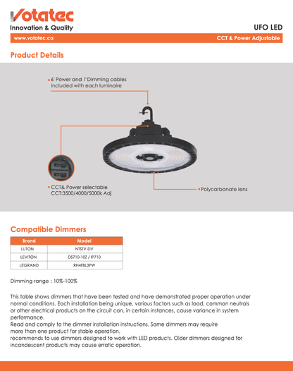 Votatec UFO LED High Bay 150W-21300-23700lm, Wattage & CCT Selectable, White