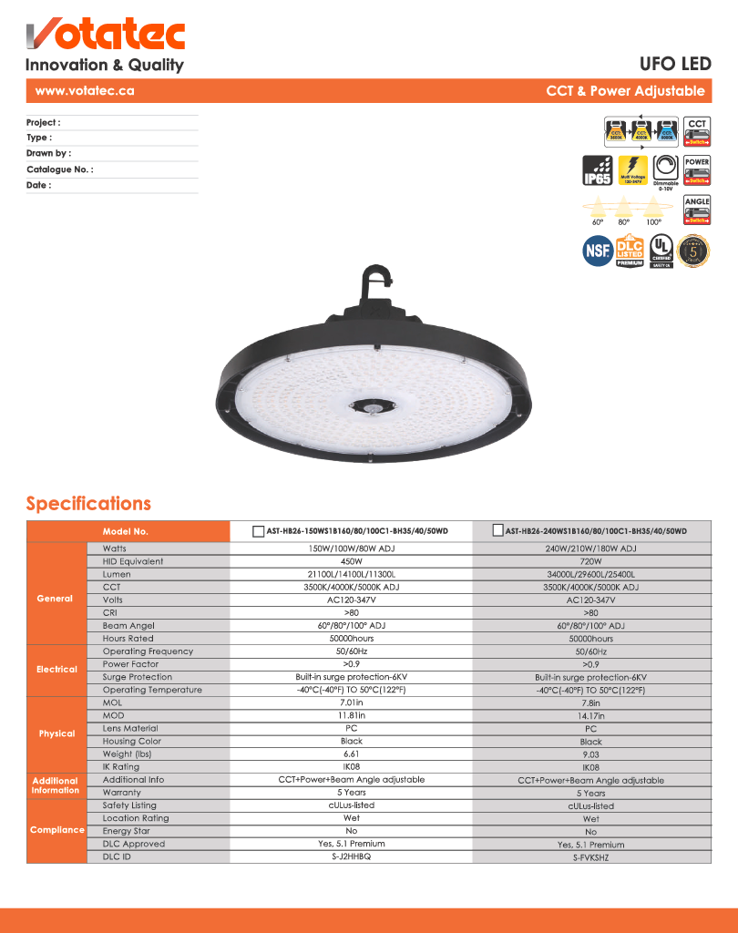 Votatec UFO LED High Bay 150W|120V-347V|CCT, Beam Angle & Wattage Adjustable, Black