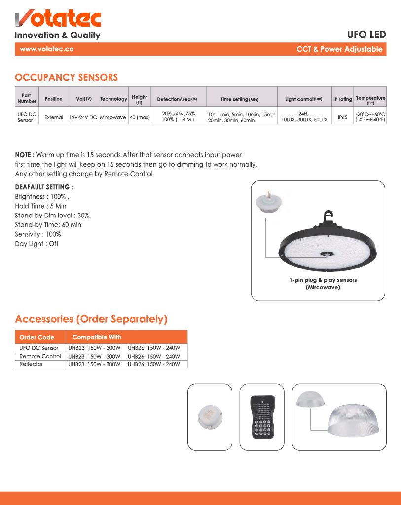 Votatec UFO LED High Bay 150W|120V-347V|CCT, Beam Angle & Wattage Adjustable, Black