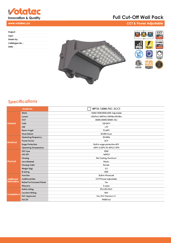 Votatec Full Cut-Off LED Wall Pack 120W|120V-347V|3CCT & Wattage Adjustable, Bronze, Photocell