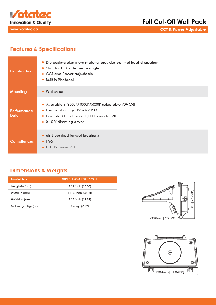 Votatec Full Cut-Off LED Wall Pack 120W|120V-347V|3CCT & Wattage Adjustable, Bronze, Photocell