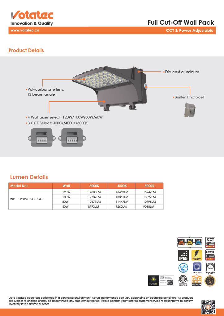 Votatec Full Cut-Off LED Wall Pack 120W|120V-347V|3CCT & Wattage Adjustable, Bronze, Photocell