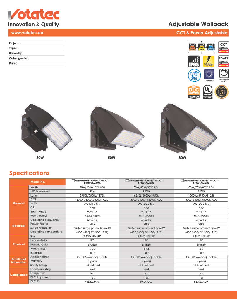 Votatec adjustable LED Wall Pack 30W |120V-347V| 3CCT & Wattage Adjustable, Bronze, Photocell