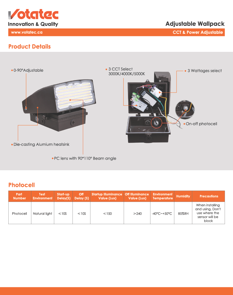 Votatec adjustable LED Wall Pack 30W |120V-347V| 3CCT & Wattage Adjustable, Bronze, Photocell