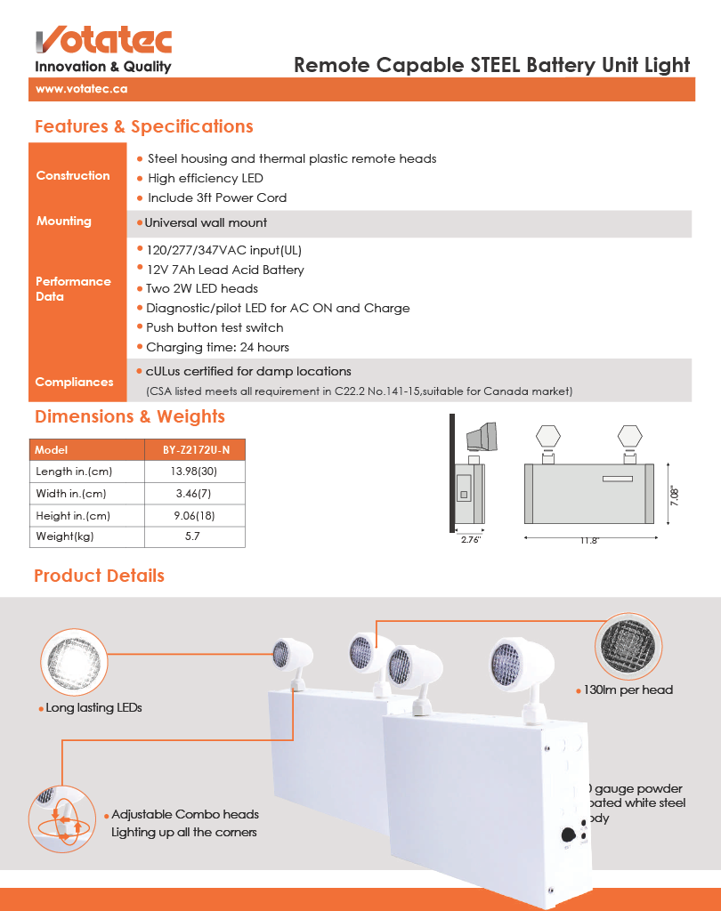 Votatec 72W Remote-Capable Steel Battery Unit with 2 Heads