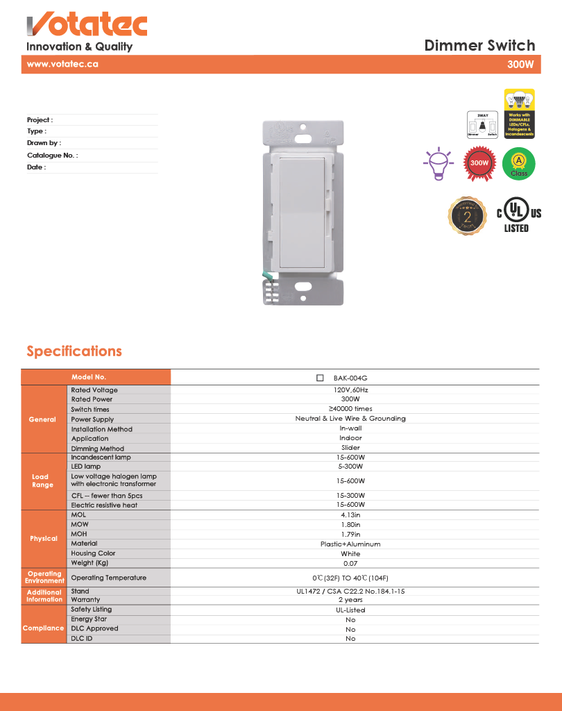 Votatec Universal Slide Dimmer 300W, CFL & LED, Class A