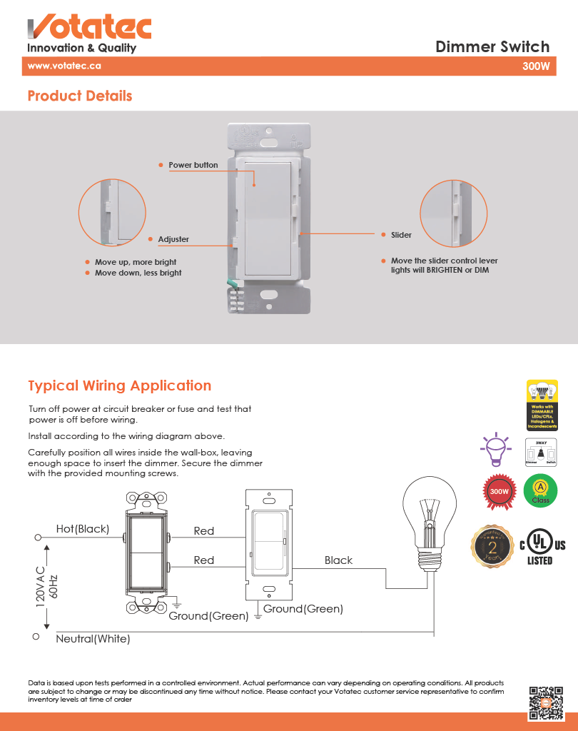 Votatec Universal Slide Dimmer 300W, CFL & LED, Class A