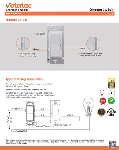 Votatec Universal Slide Dimmer 300W, CFL & LED, Class A