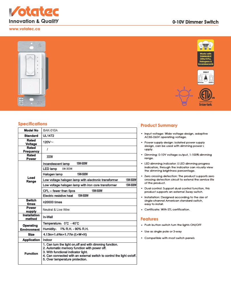 Lutron 0-10V LED Dimmer — 600W LED / 300W Incandescent, Dual Control, White