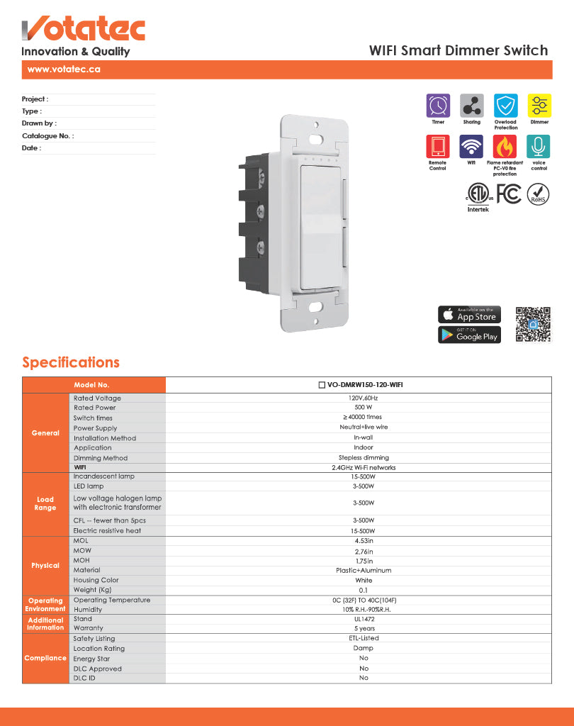 WiFi Smart Dimmer 2.4G, 3-Way, 120-277V