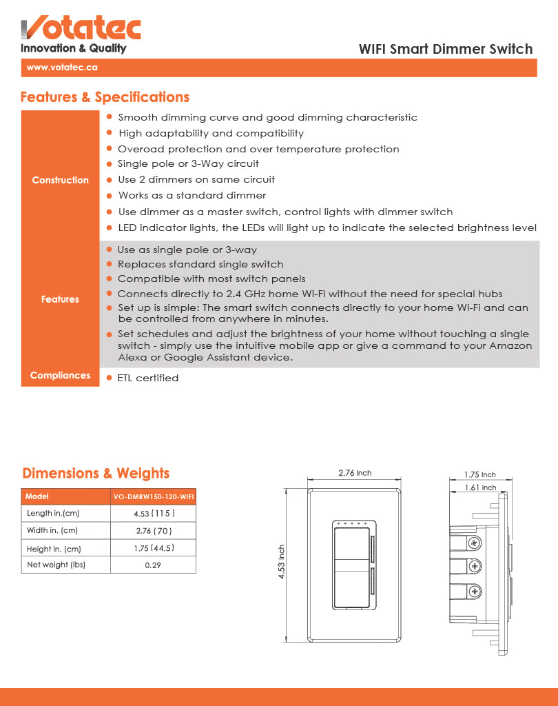 WiFi Smart Dimmer 2.4G, 3-Way, 120-277V