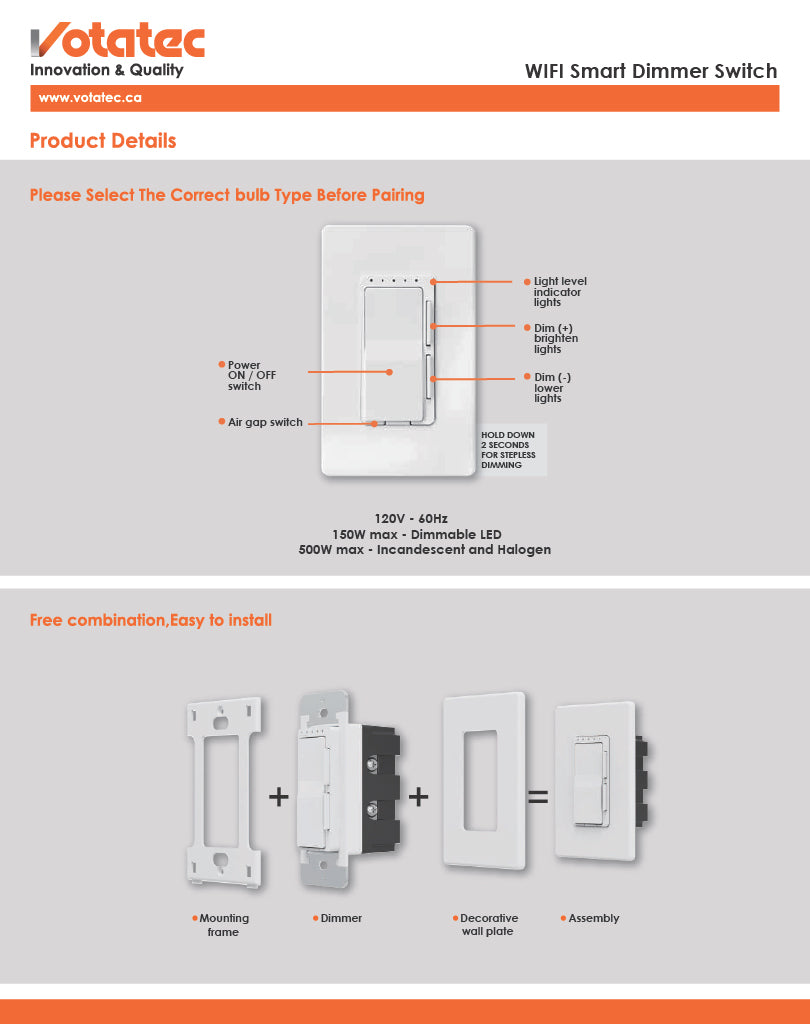 WiFi Smart Dimmer 2.4G, 3-Way, 120-277V