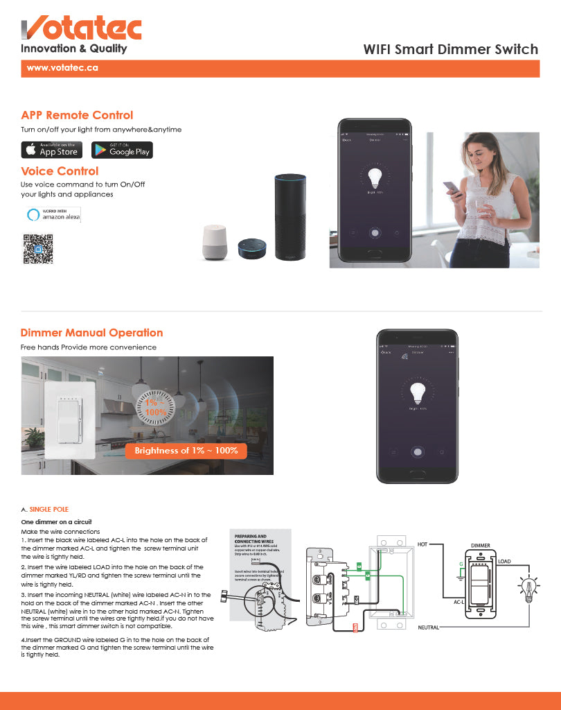 WiFi Smart Dimmer 2.4G, 3-Way, 120-277V