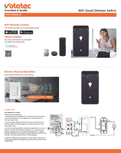 WiFi Smart Dimmer 2.4G, 3-Way, 120-277V