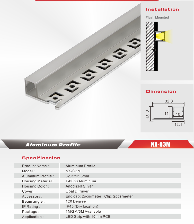 Edge / Under-Stair Drywall LED Aluminum Profile – NX-Q3M (3M / 10ft)