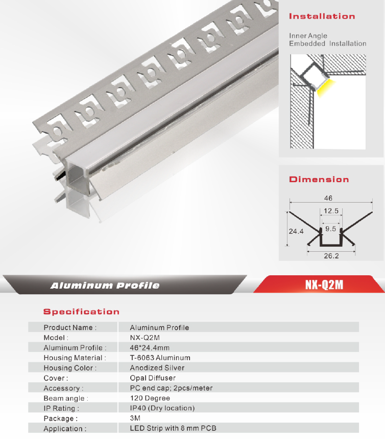 Inside-Corner Drywall LED Aluminum Profile – NX-Q2M (3M / 10ft)
