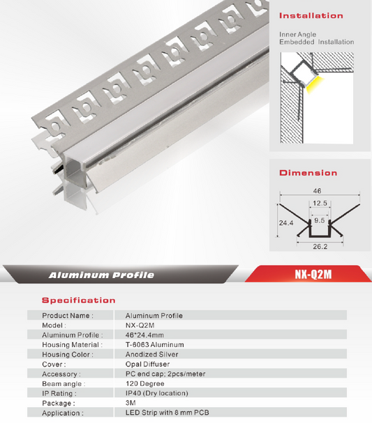 Inside-Corner Drywall LED Aluminum Profile – NX-Q2M (3M / 10ft)