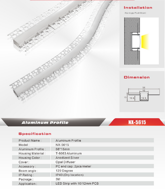 Flexible Drywall LED Aluminum Profile – NX-Q5615 (3M / 10ft)