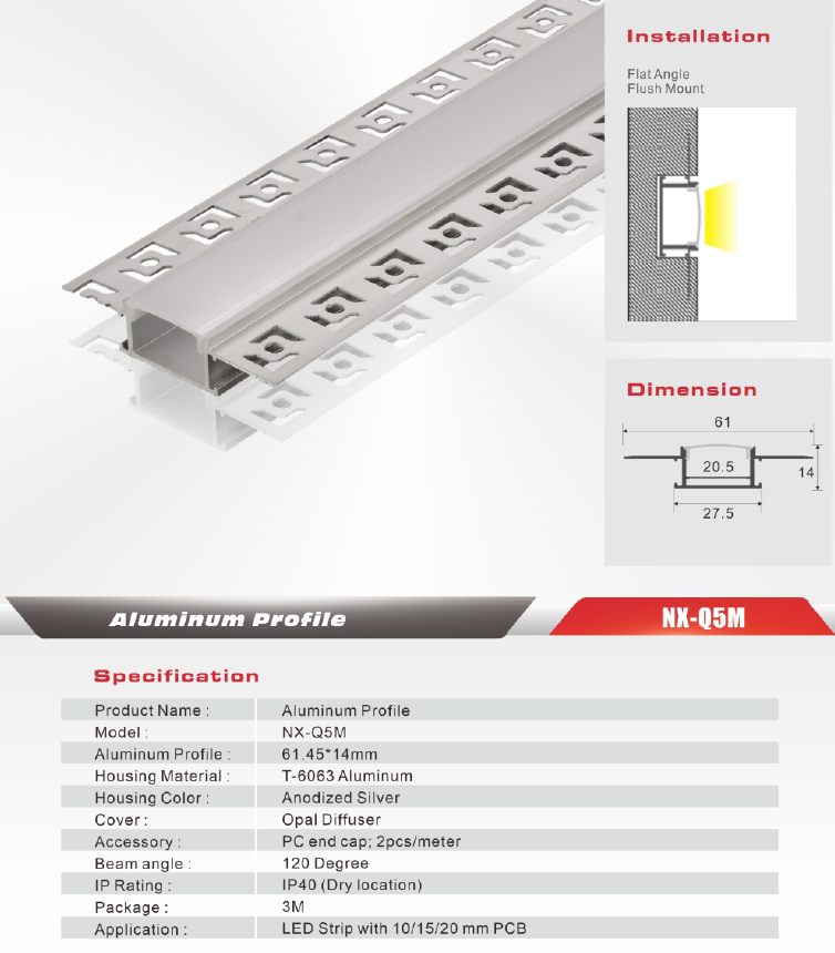 Flat Wide Drywall Plaster-In LED Aluminum Profile – NX-Q5M (3M / 10ft)
