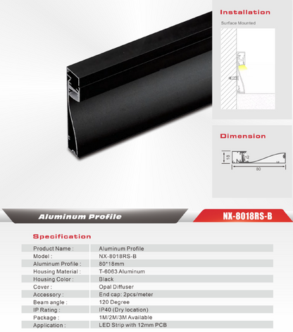 LED Baseboard Aluminum Profile (Black) – NX-8018RS-B (3M / 10ft)