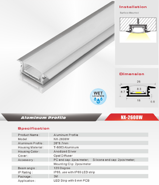 Recessed Waterproof LED Aluminum Profile – NX-2608W (3M / 10ft)