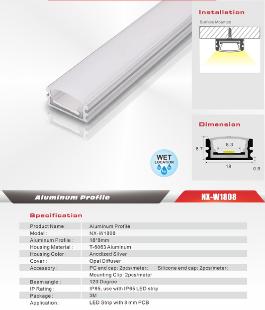 Surface Waterproof LED Aluminum Profile – NX-W1808 (3M / 10ft)