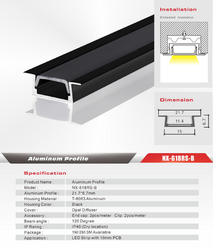Recessed LED Aluminum Profile (Black) NX-618RS-B (3M / 10ft)