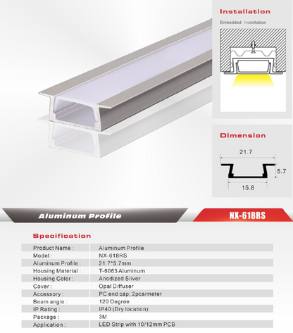 Recessed LED Aluminum Profile – NX-618RS (3M/10ft)