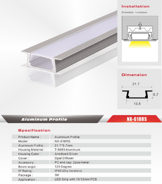 Recessed LED Aluminum Profile – NX-618RS (3M/10ft)