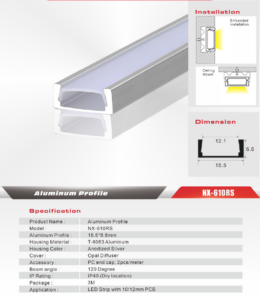 Surface-Mount LED Aluminum Profile – NX-610RS (3M / 10ft)