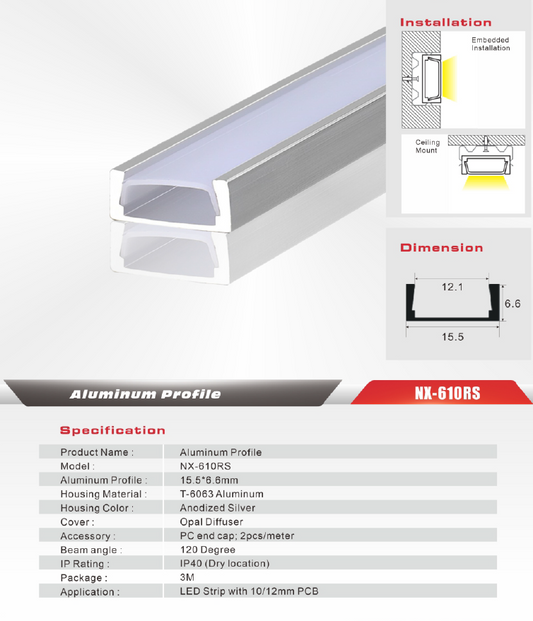 Slim Surface-Mount LED Aluminum Profile – NX-0809 (3M / 10ft)