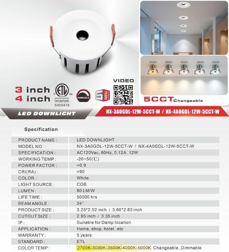 3" LED Anti-Glare Spot Light 12W 5CCT (NX-3A0GDL-12W-5CCT-W)