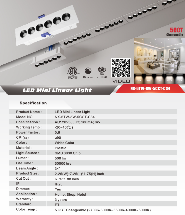 LED Mini Linear Light (Black) 8W 5CCT (NX-6TW-8W-5CCT-C34)