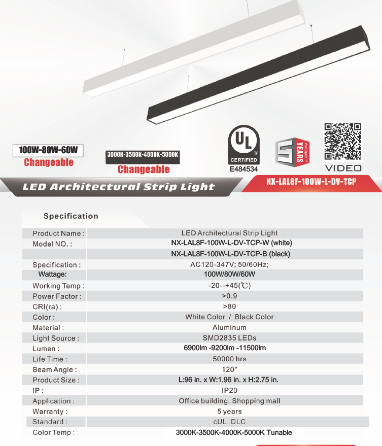 8 ft LED Architectural Linear Light  Up/Down Adjustable, Black (NX-LAL8F-100W-L-DV-TCP-B)
