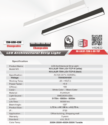 6 ft LED Architectural Linear Light Up/Down Adjustable, Black (NX-LAL6F-75W-L-DV-TCP-B)
