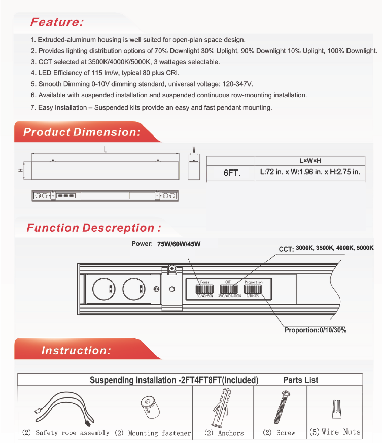 6 ft LED Architectural Linear Light Up/Down Adjustable, Black (NX-LAL6F-75W-L-DV-TCP-B)