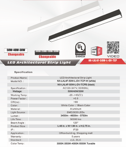4 ft LED Architectural Linear Light  Up/Down Adjustable, Black (NX-LAL4F-50W-L-DV-TCP-B)
