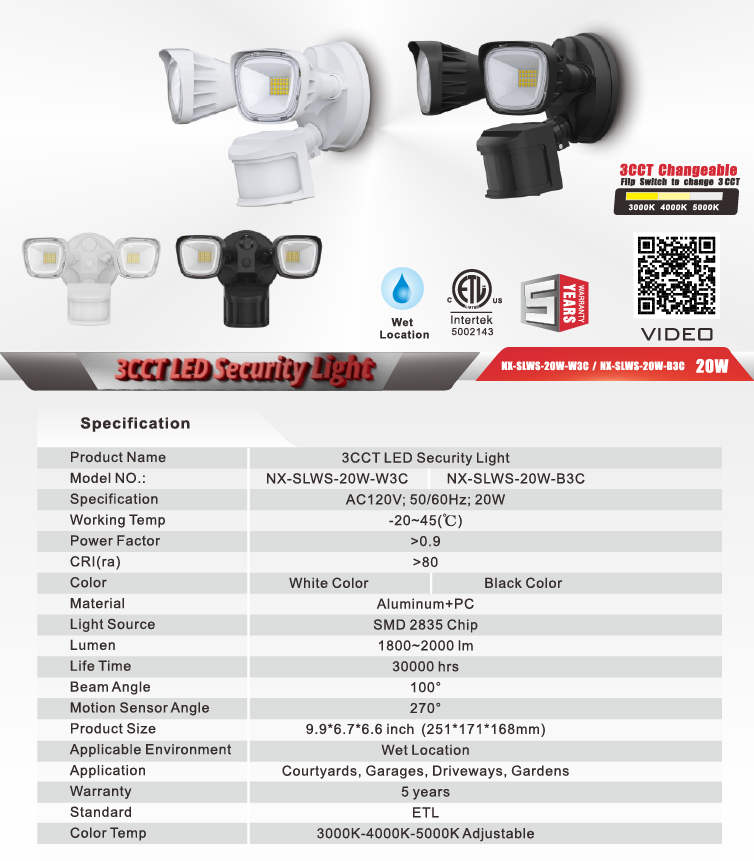 3CCT LED Security Light, 20W, 3CCT, White – NX-SLWS-20W-W3C