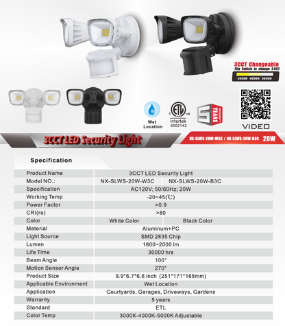 3CCT LED Security Light, 20W, 3CCT, White – NX-SLWS-20W-W3C