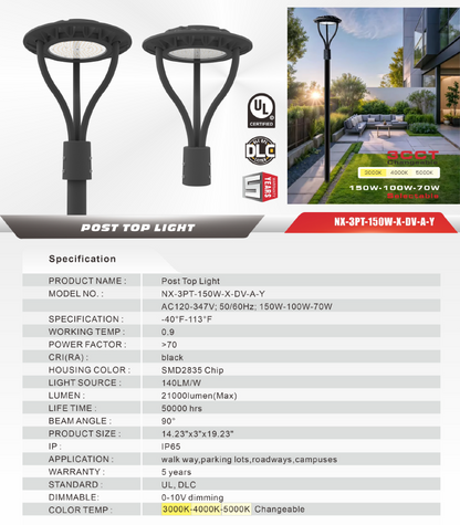 LED Lamp Post-Top Light, Wattage-Select 70-150W, IP65 – NX-3PT-150W