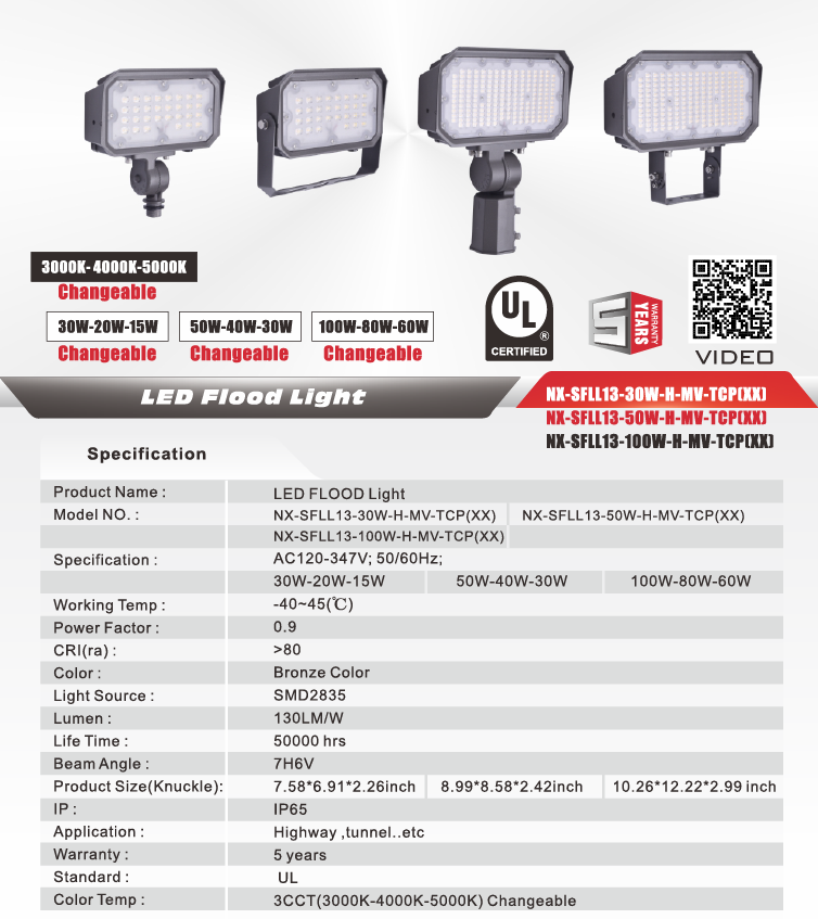 3CCT LED Flood Light, Knuckle Mount 60-100W – NXSFLL-13-100W