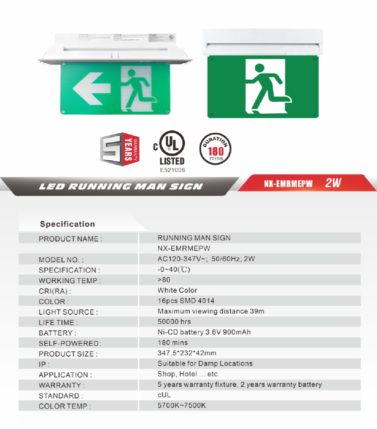 Edge-Lit LED Running Man Exit Sign, White – NX-EMRMEPW