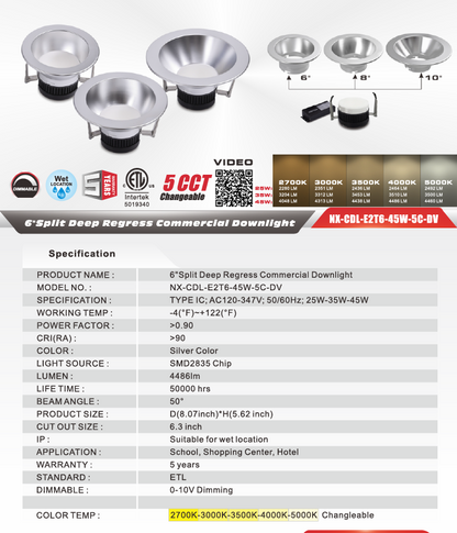 6" Split Deep-Regress Commercial LED Downlight-NX-CDL-E2T6-45W-5C-DV