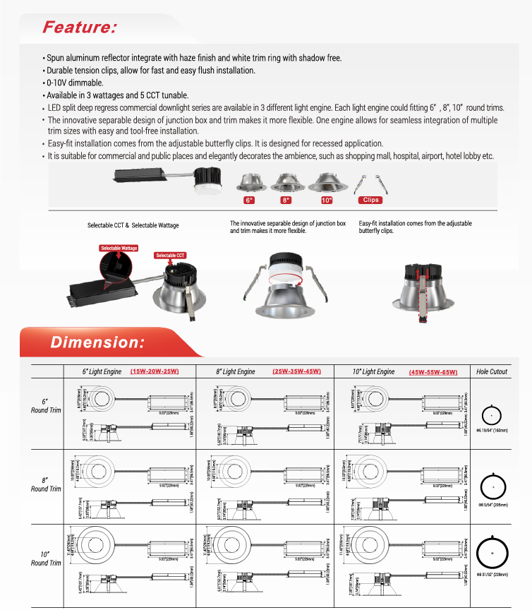 6" Split Deep-Regress Commercial LED Downlight-NX-CDL-E2T6-45W-5C-DV