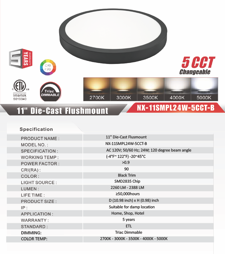 13 inch LED Die-Cast Flush Mount Panel Light, Black,CRI>90, NX-13SMPL24W-5CCT-B
