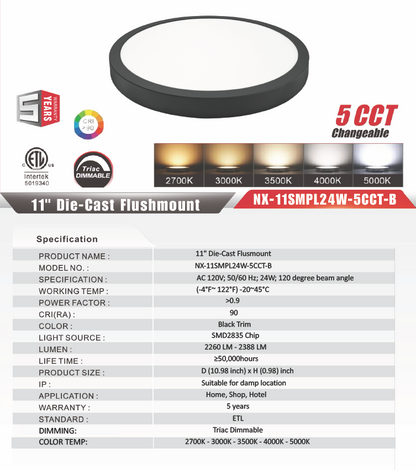 13 inch LED Die-Cast Flush Mount Panel Light, Black,CRI>90, NX-13SMPL24W-5CCT-B