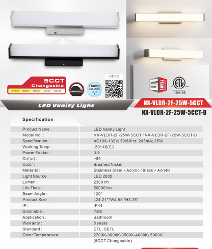 LED Rectangular Vanity Light, Black Trim,2F,25W-5CCT (NX-VLDR-2F-25W-B)