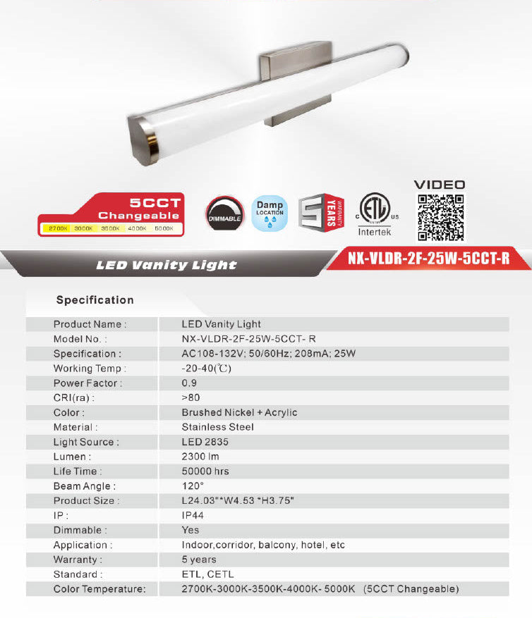 LED Long Cylindrical Vanity Light, Brushed Nickel-25W-2F-5CCT (NX-VLDR-2F-25W-R)
