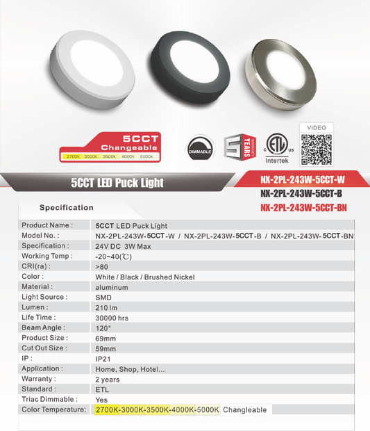 24V 3W 5CCT LED Under-Cabinet Puck Light, White-3W- NX-2PL-243W-5CCT-W. Recessed and surface mounting options.